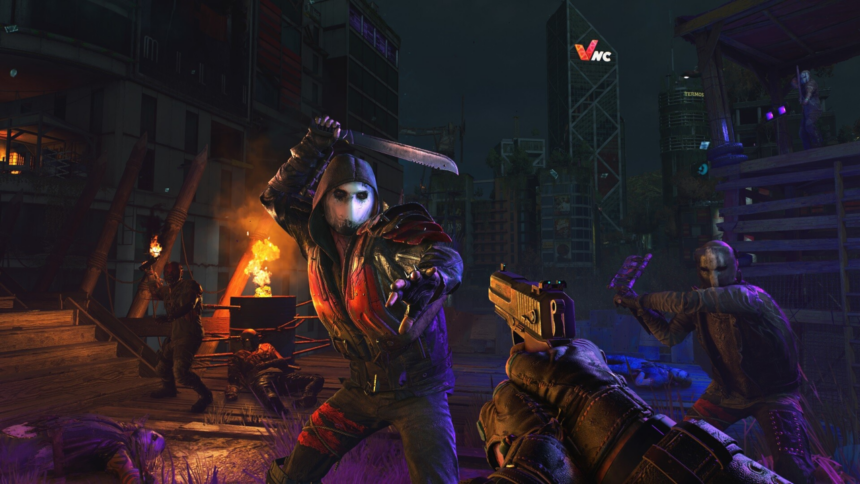 First-person firearm standoff against masked Renegades at night in Dying Light 2 Stay Human