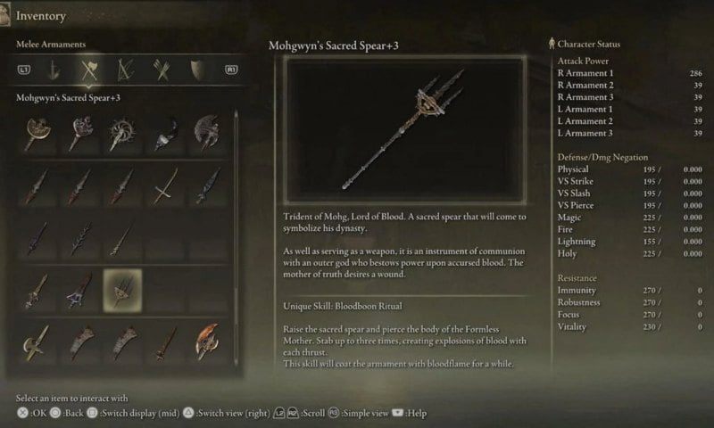 Mohgwyn's Sacred Spear Stats
