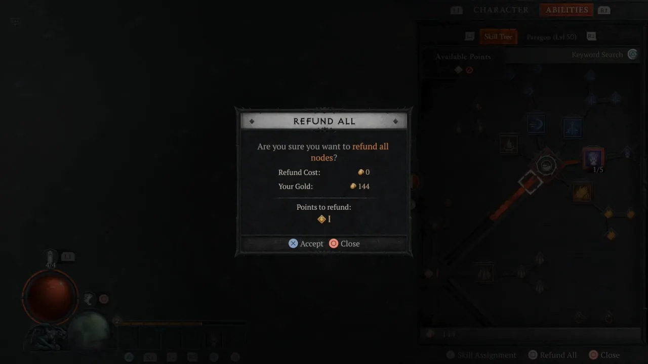 Pop up shows on the screen in-game to refund all skills in Diablo 4.