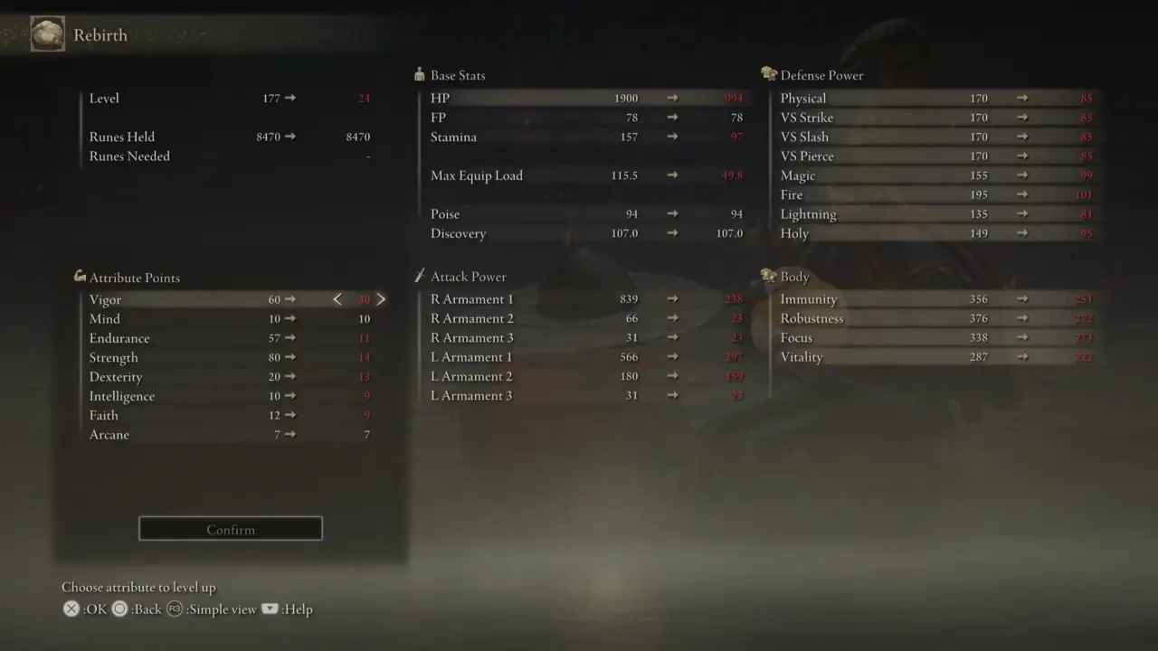 Elden Ring Rebirth menu to respec character build
