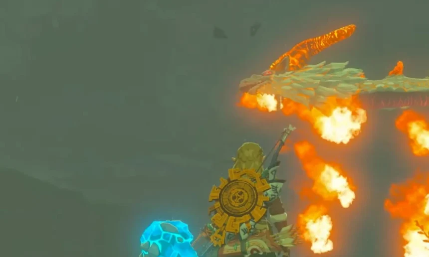 The Legend of Zelda: Tears of the Kingdom Dinraal, the majestic Fire Dragon, soaring through the skies of Hyrule