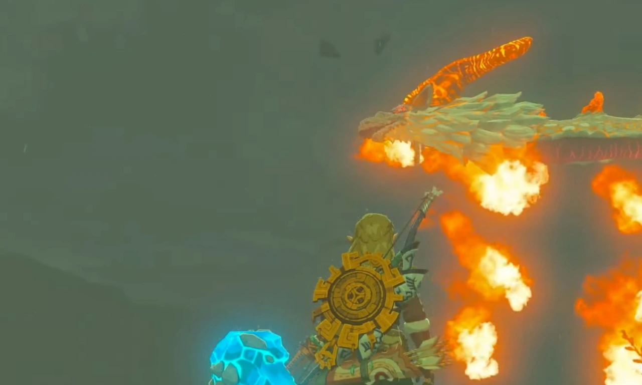 The Legend of Zelda: Tears of the Kingdom Dinraal, the majestic Fire Dragon, soaring through the skies of Hyrule