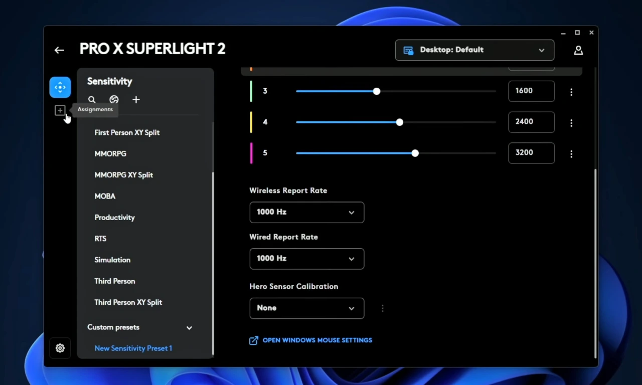 Logitech G Hub DPI Adjustment Menu