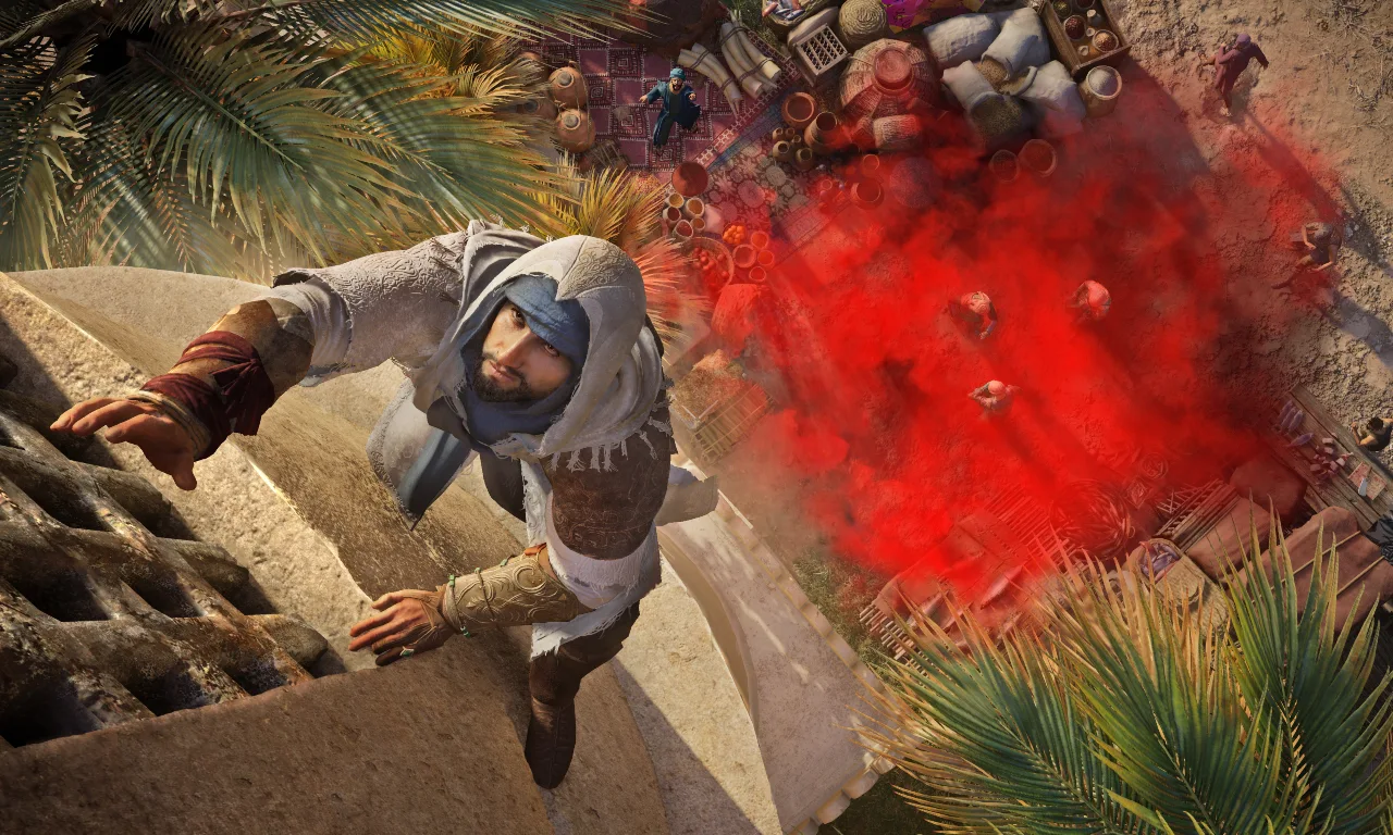 Basim climbing the wall in AC Mirage.