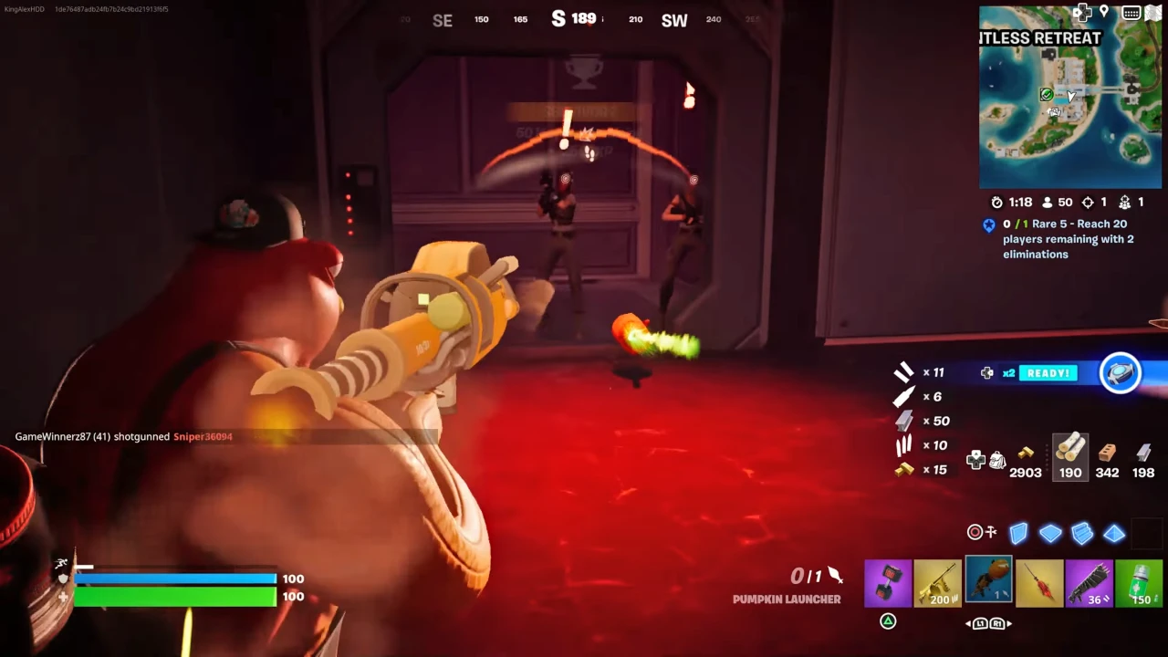 Eliminate an opponent with Pumpkin Launcher in Fortnite.