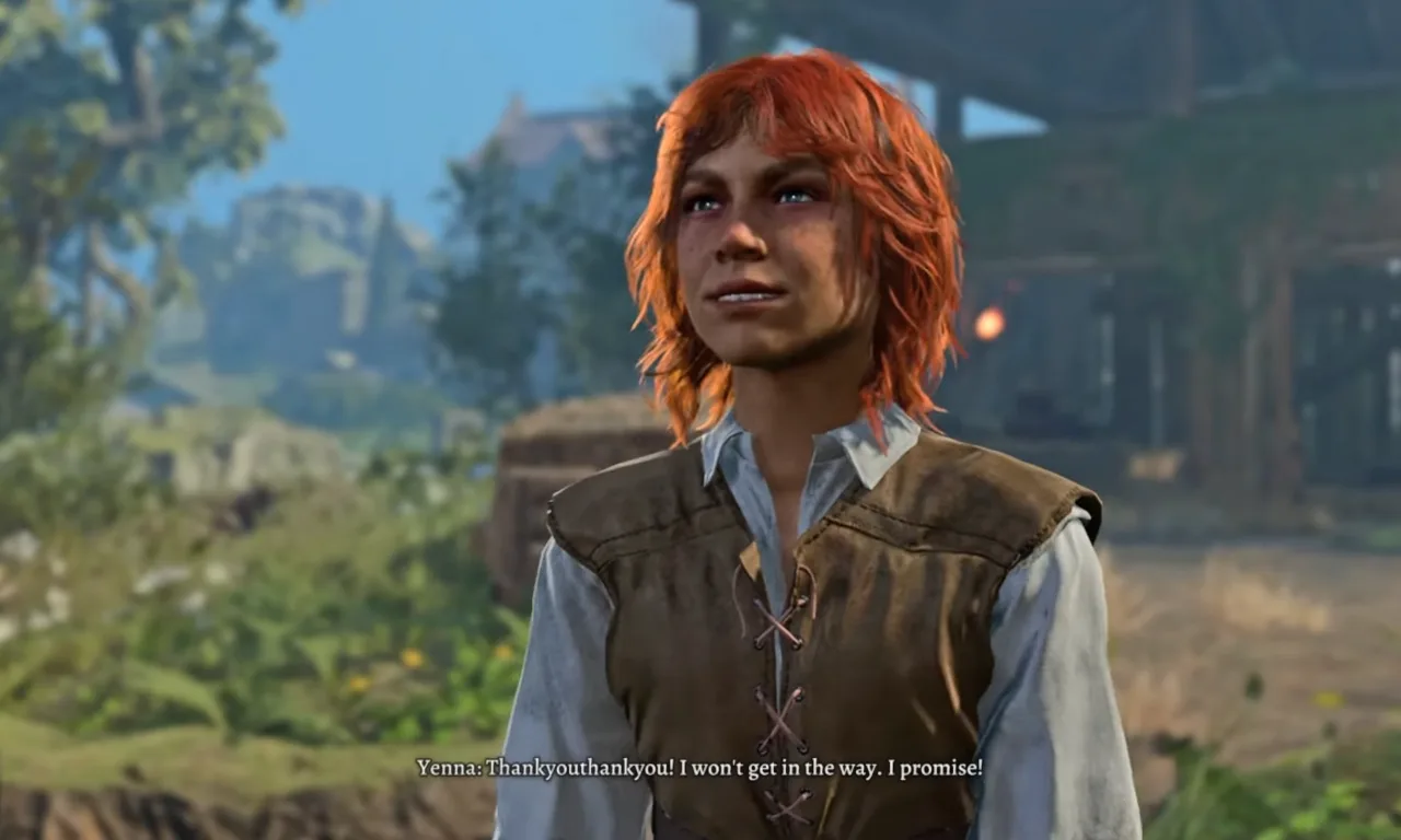 Yenna thanking the character after allowed to stay in the camp.