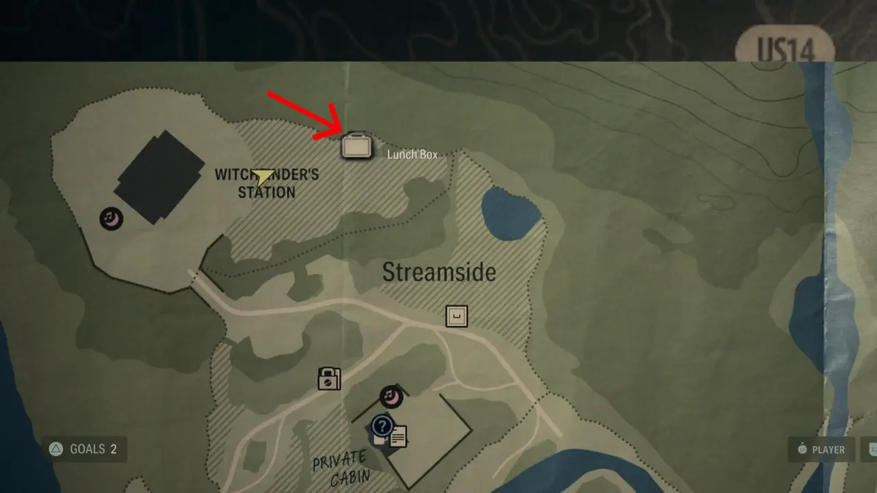 Witchfinder's Station Lunchbox Location on Cauldron Lake Map in Alan Wake 2