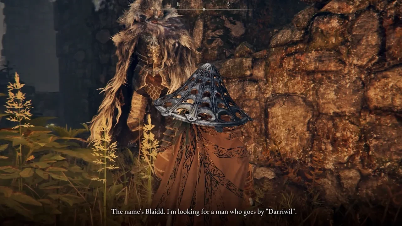 Meeting and talking with Blaidd at Mistwood Ruins in Elden Ring.