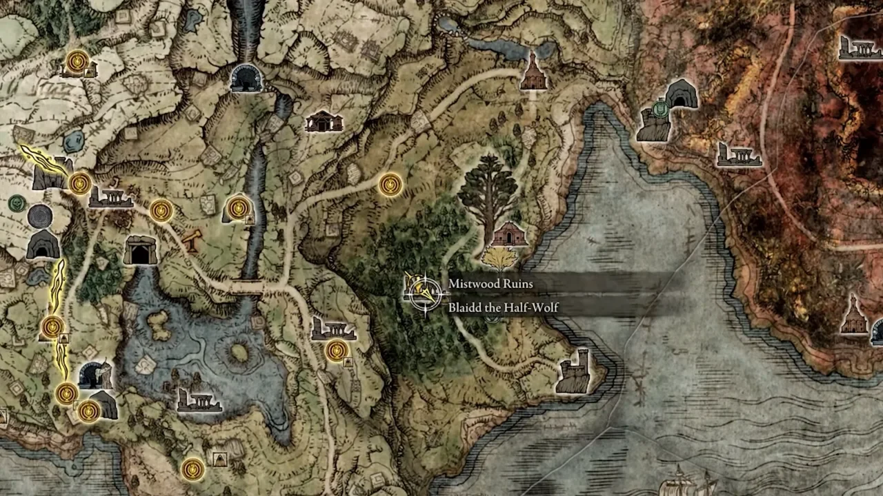 Elden Ring Blaidd's Mistwood Ruins location on the map