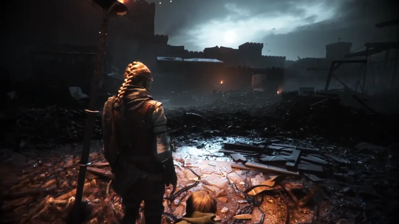 Amicia standing with rat swarms in front in Requiem