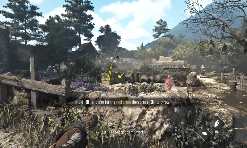 Throwing a rock at the tools crate to distract the enemy.