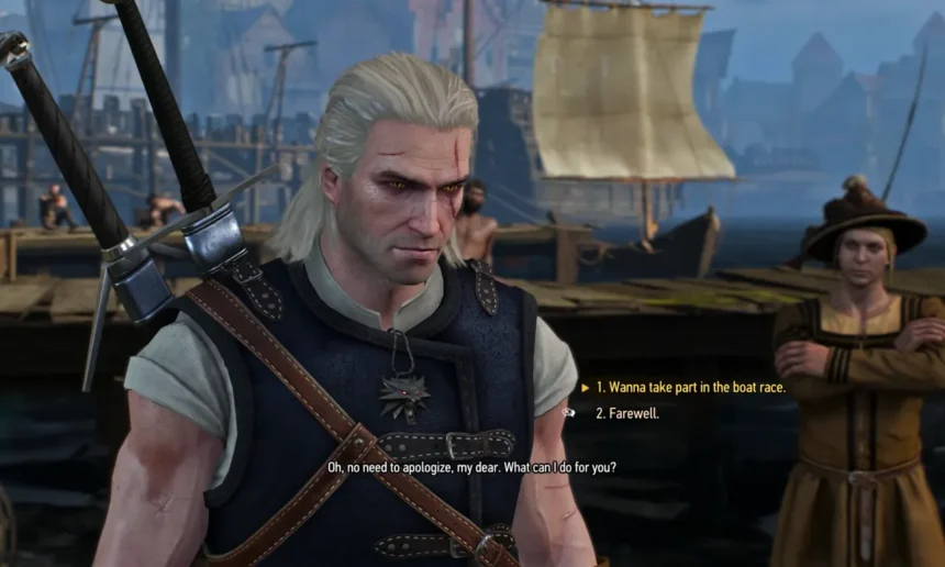 The Witcher 3 Boat Races Mod screenshot showing a race in Novigrad Harbor.