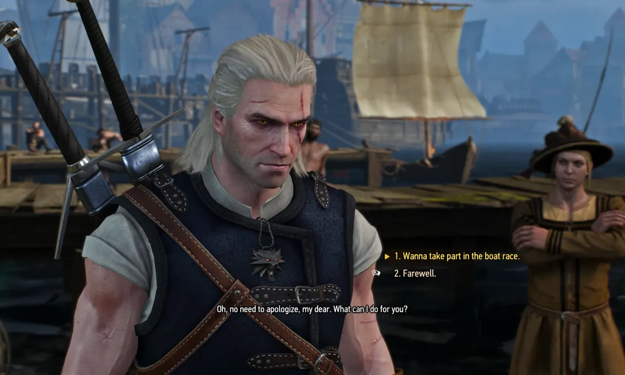 The Witcher 3 Boat Races Mod screenshot showing a race in Novigrad Harbor.