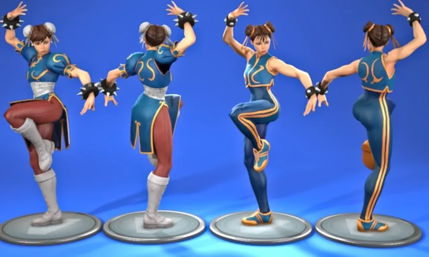 Chun-Li in four different poses from front and back in Fortnite.