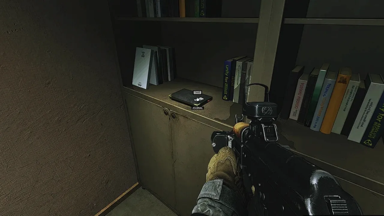 The black book like journal is placed on the bookshelf in the second office in Escape from Tarkov.
