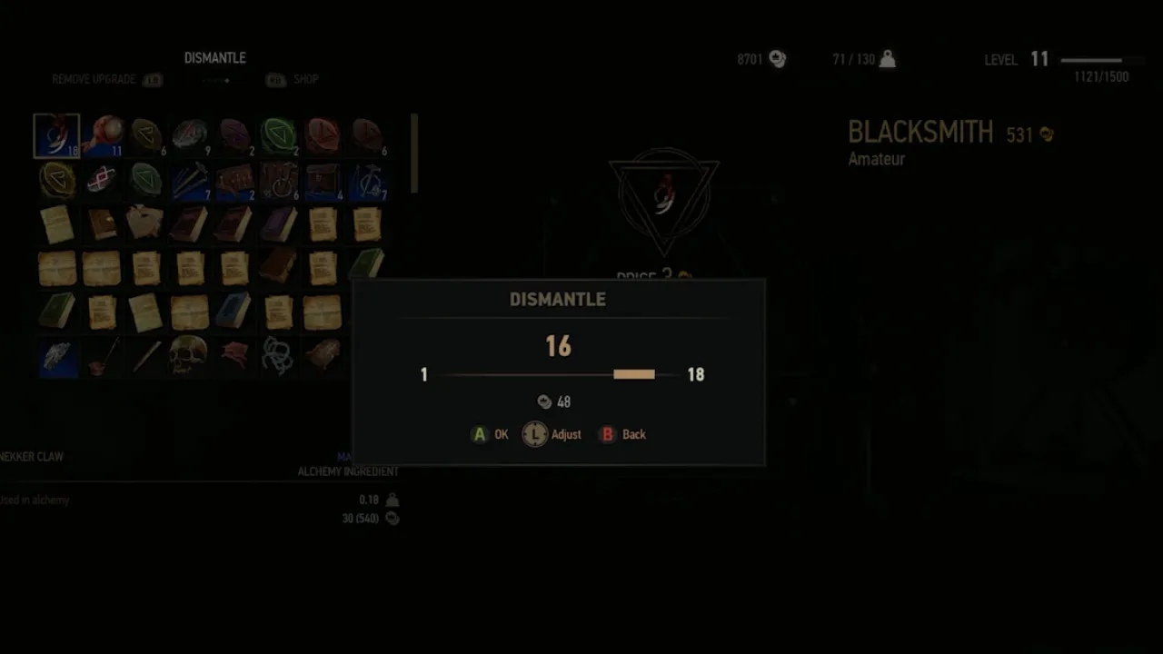 Dismentling items in Blacksmith for Essence in Witcher 3