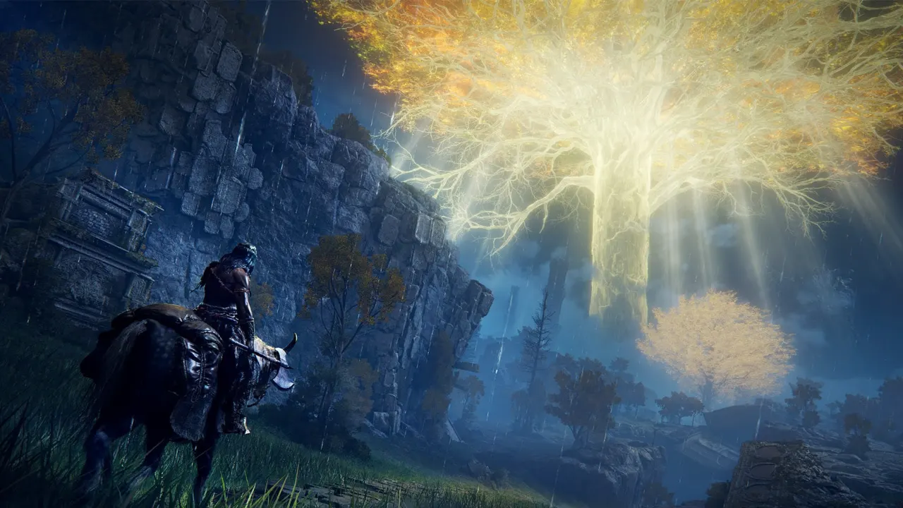 Warrior on Torrent looking at signature glowing tree in Elden Ring