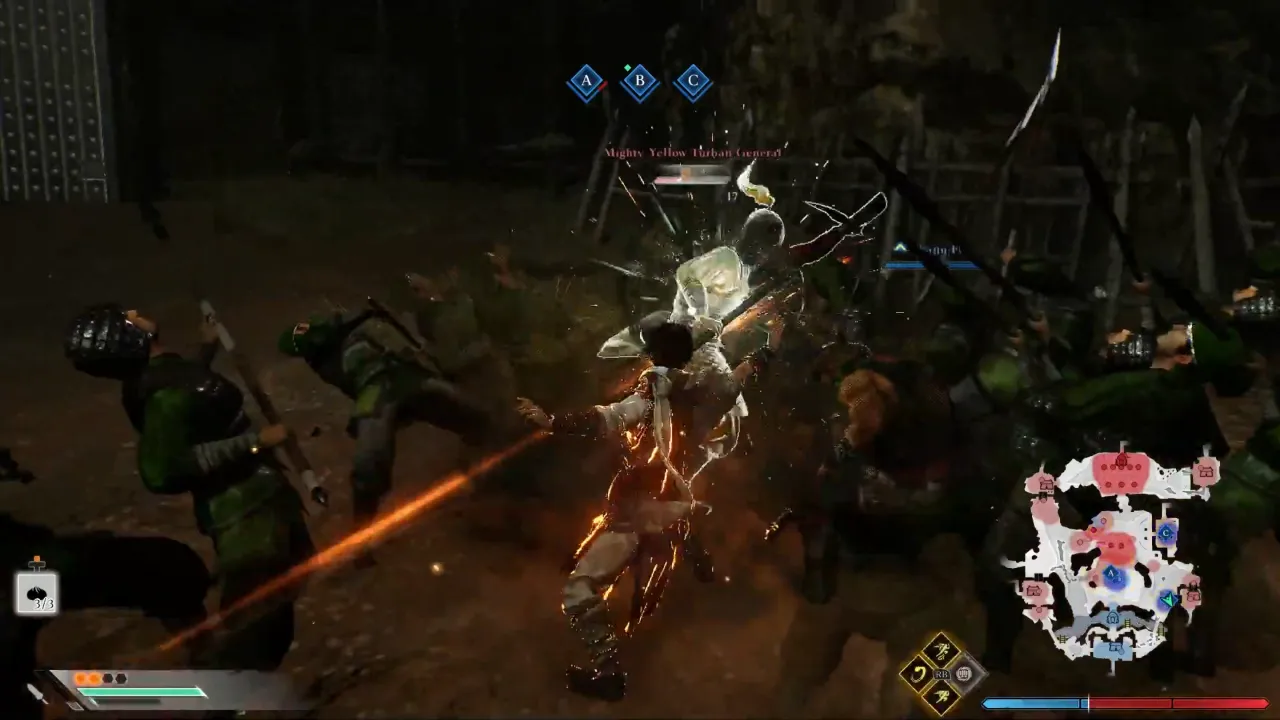 Zulian defeating a Large Force leader with a spear by piercing through enemy groups in Dynasty Warriors Origins.