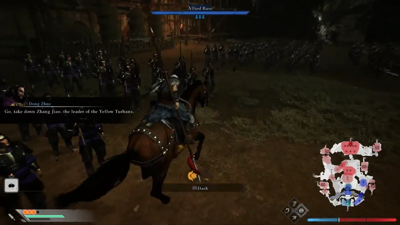 Ziluan on a horse among a among soldiers force with a long spear in Dynasty Warriors Origins.