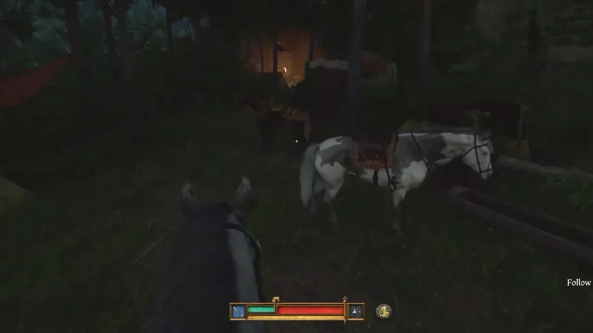 Player riding a horse and another horse standing in front in Kingdom Come Deliverance 2