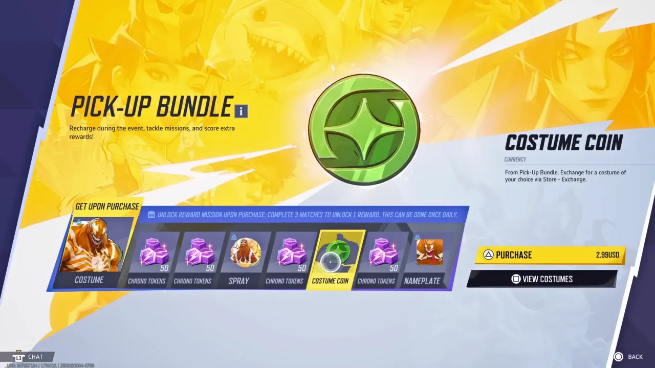 Marvel Rivals costume coin in Pick-Up Bundle including other bundle rewards to unlock.