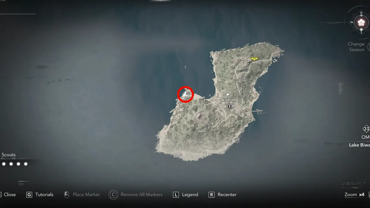Underwater cave's enterance location marked on the map in Assassin's Creed Shadows