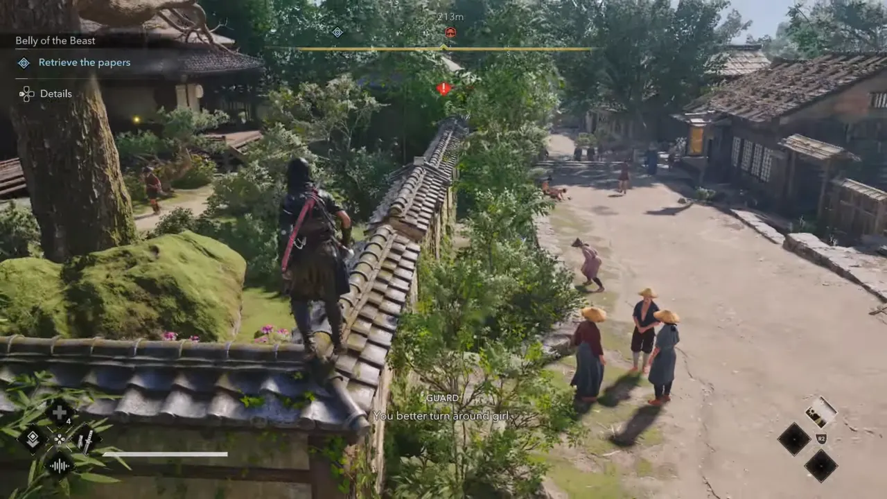 Naoe standing on the compound's outside wall