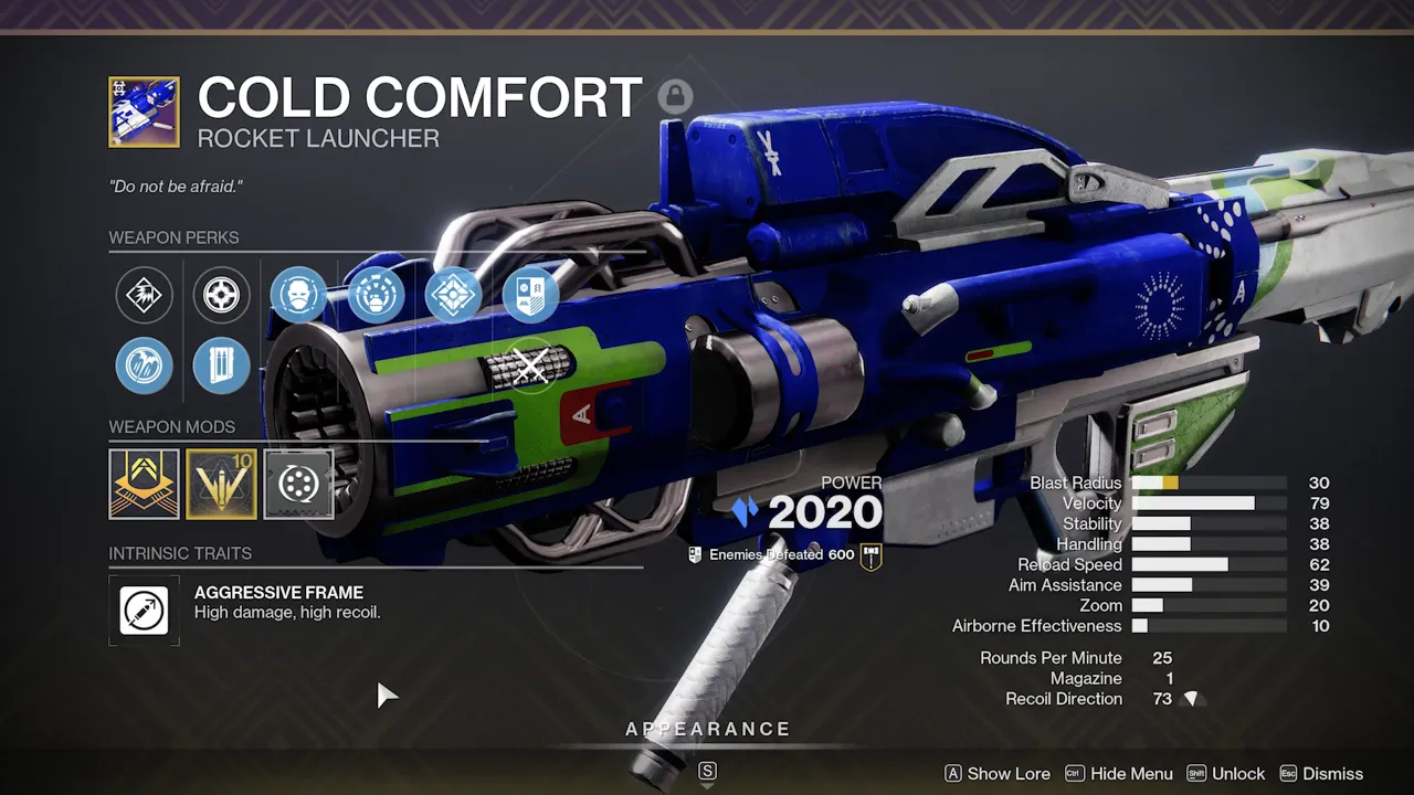 Cold Comfort stats overview in Destiny 2