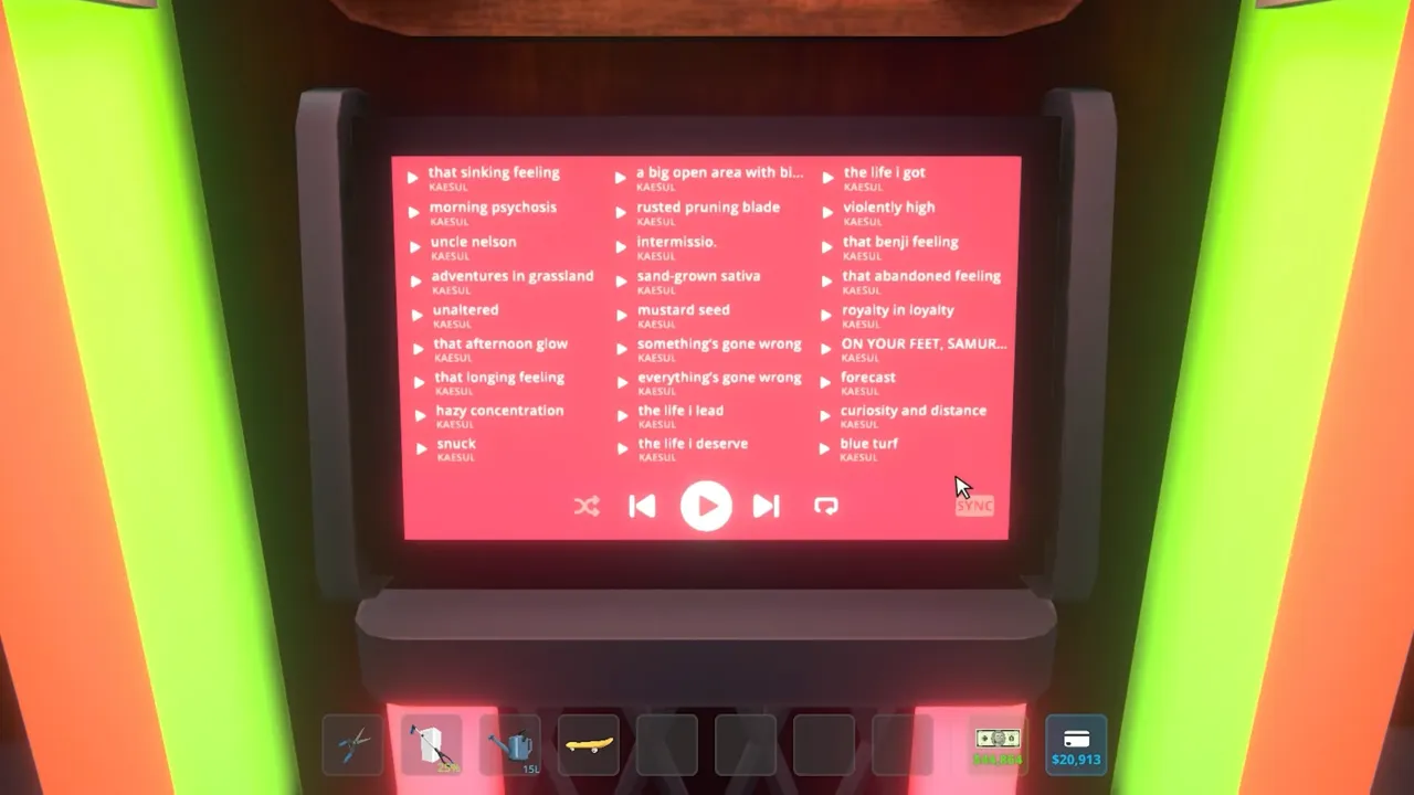 Jukebox screen interface with music tracks in Schedule 1