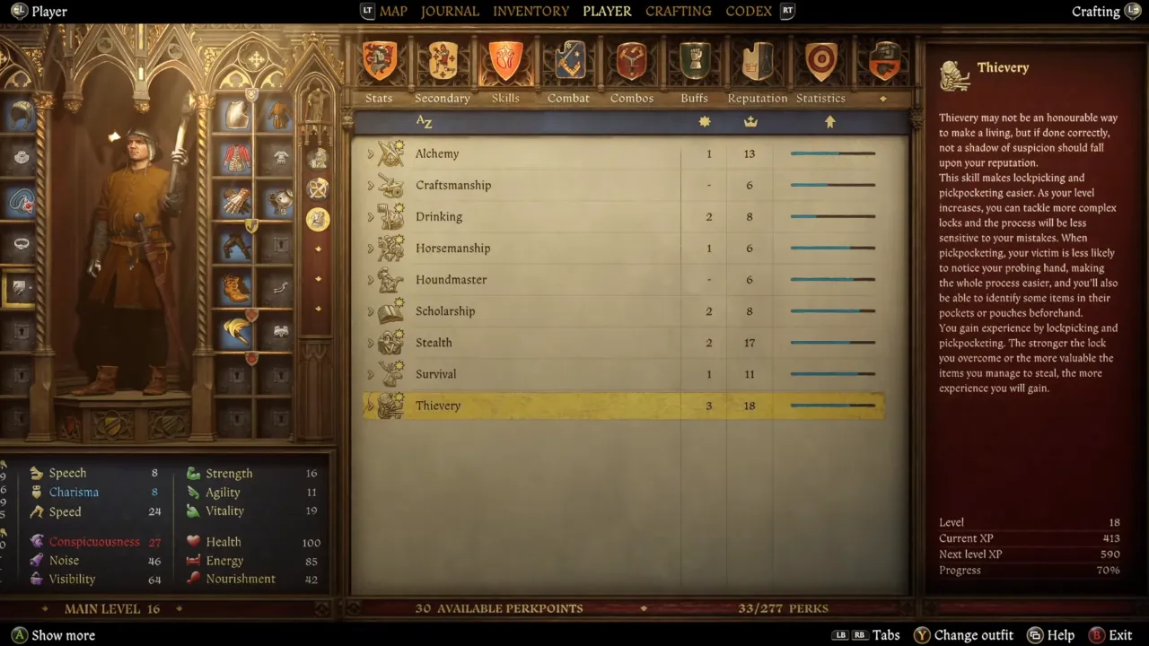 Thievery skills overview interface in Kingdom Come 2
