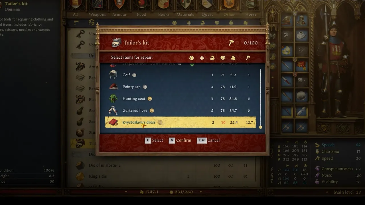 Repairing Kvyetoslava’s dress with tailor's kit in KCD2