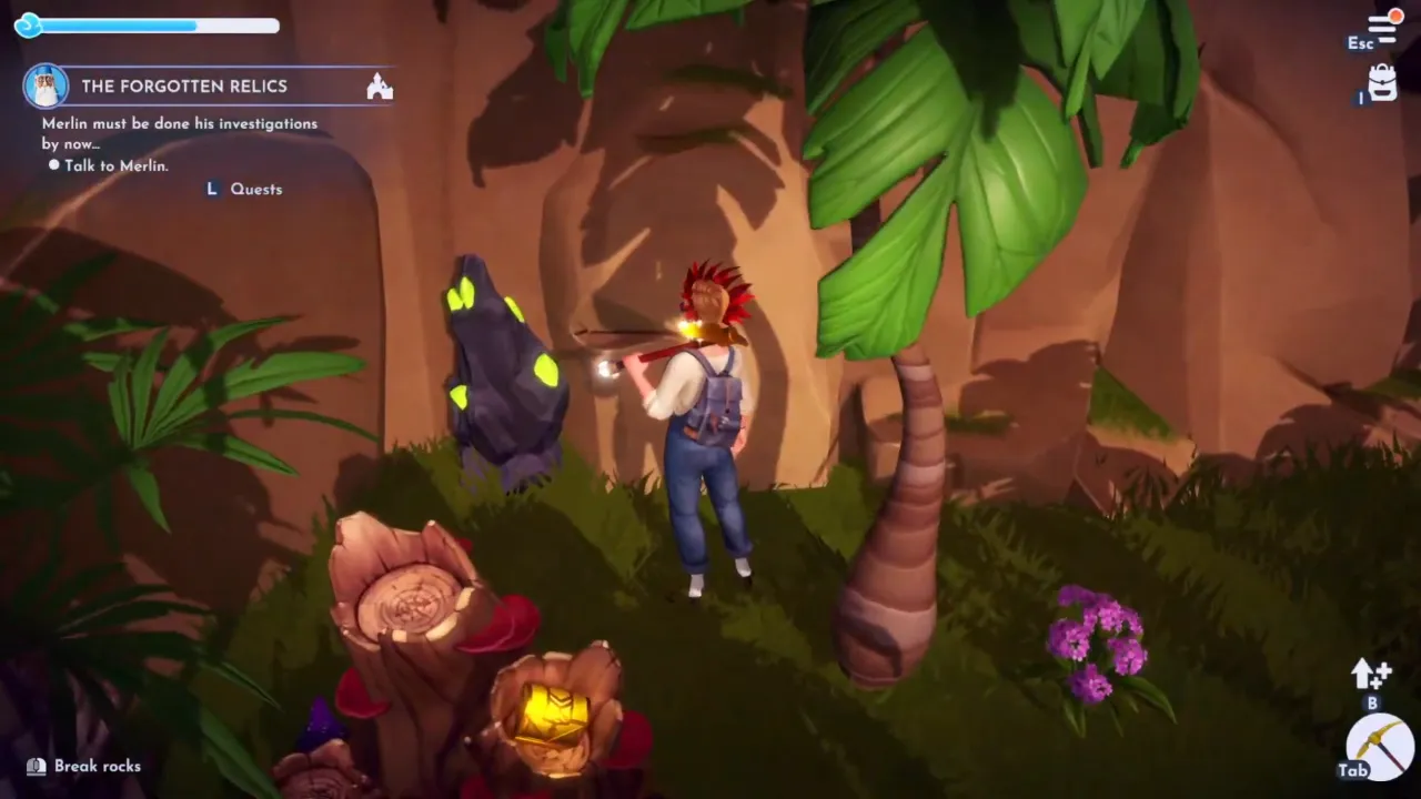 Mining black gem rock with green crystals that drop Peridot in Disney Dreamlight Valley