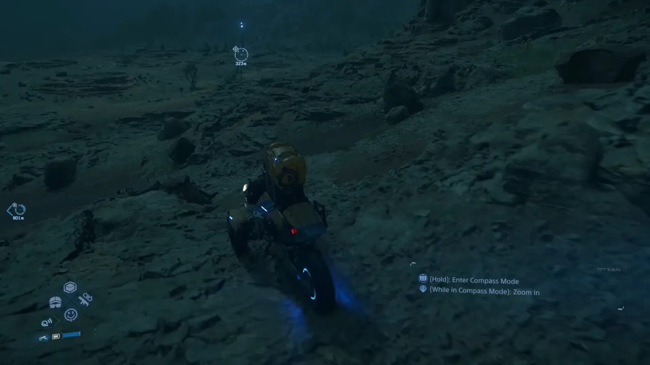 Sam on bike going to Smoke Hill Mine in Death Stranding 2