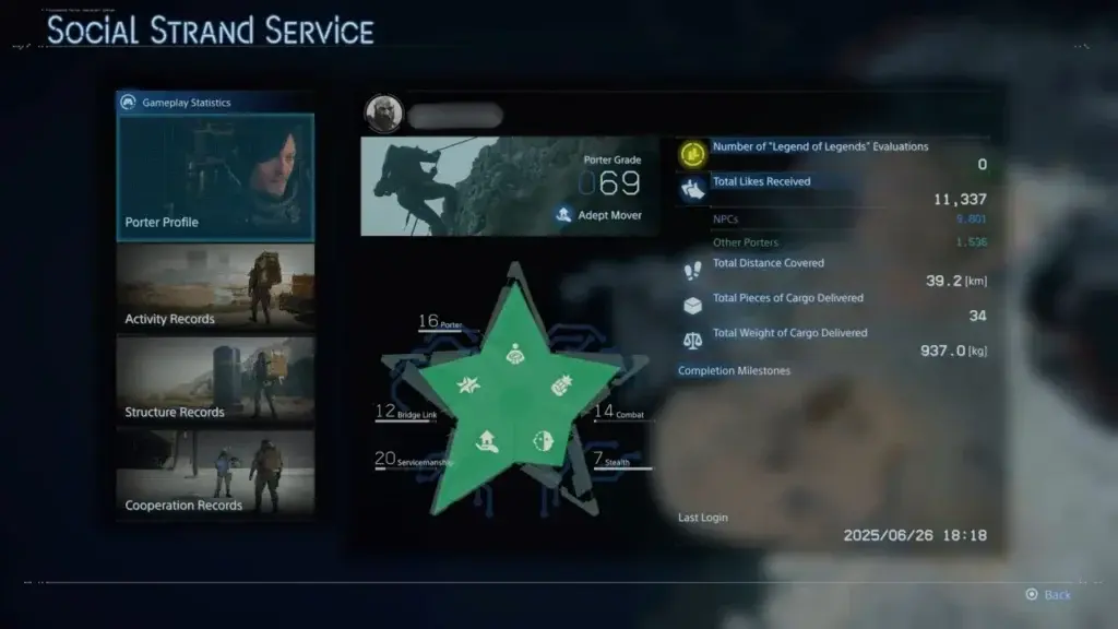 All game stats screen including total hours playtime in Death Stranding 2