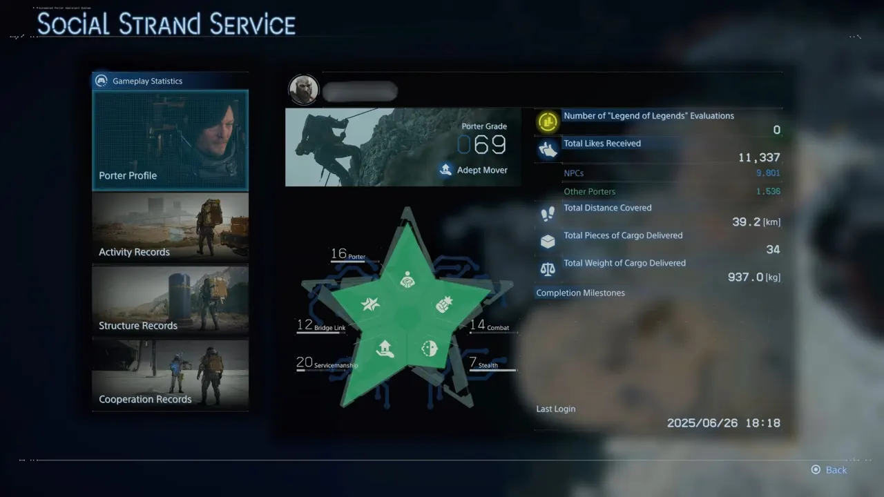 All game stats screen including total hours playtime in Death Stranding 2