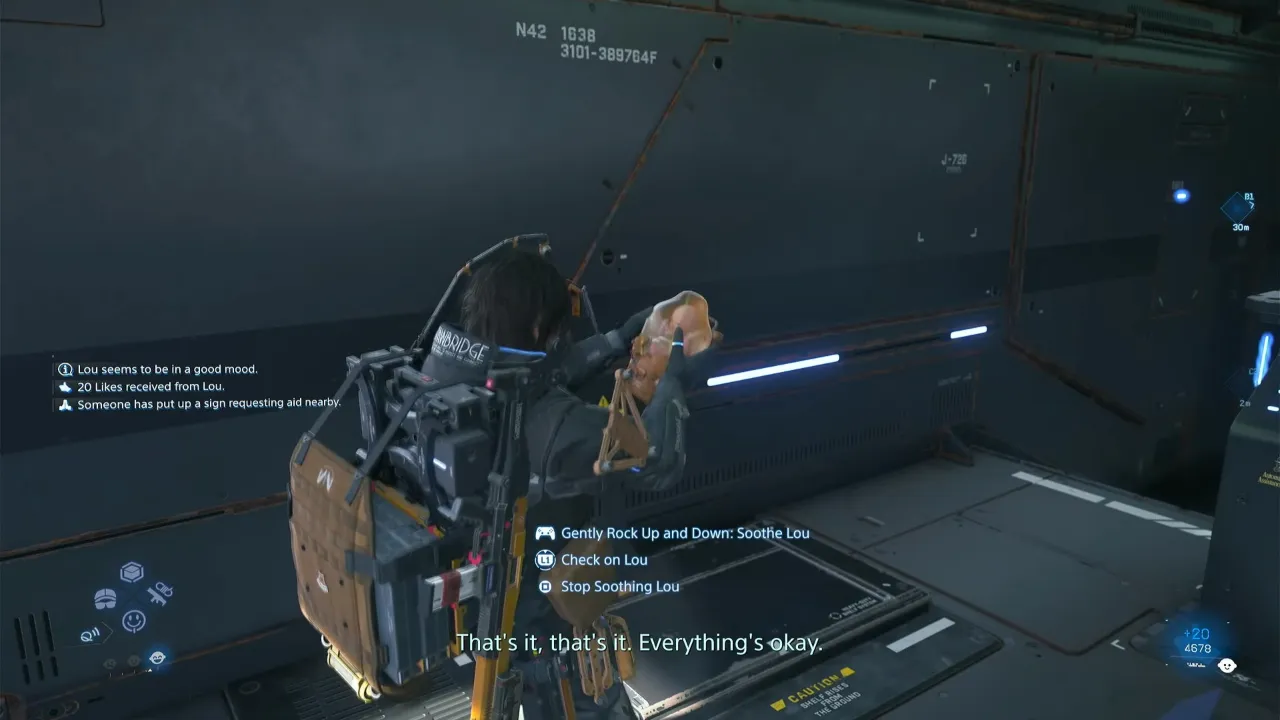 Sam is soothing Lou in Death Stranding 2