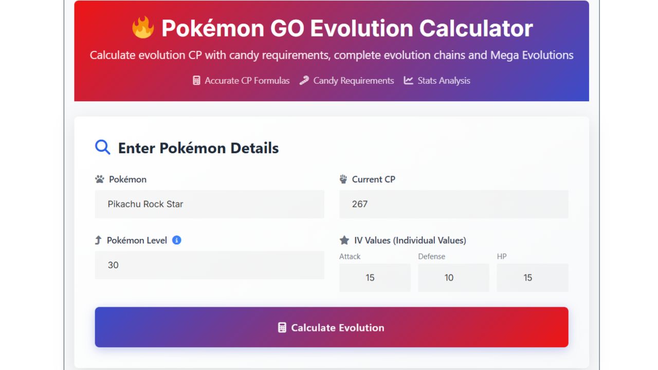 Pokemon GO evolution calculator interface of input values field with details entered for Pikachu.