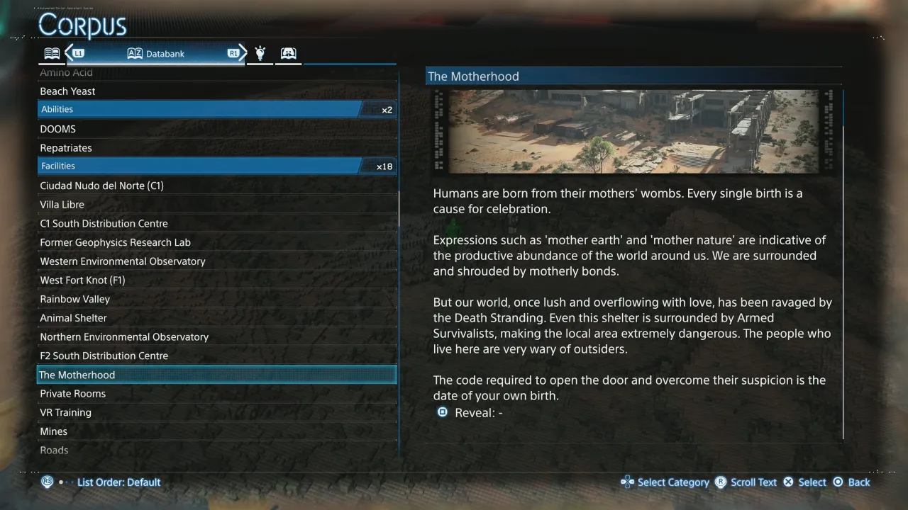Corpus screen showing The Motherhood details with code reveal in Death Stranding 2
