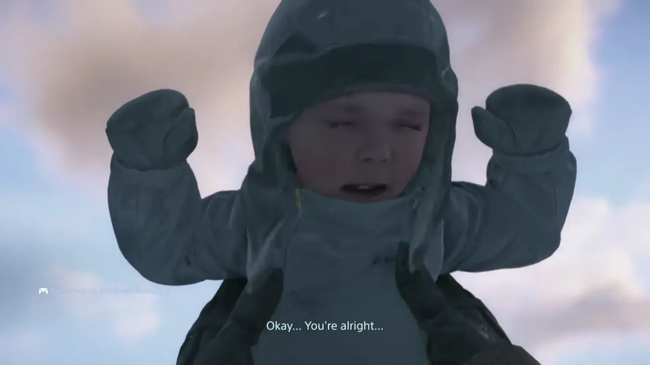 Sam carrying and playing with in Death Stranding 2