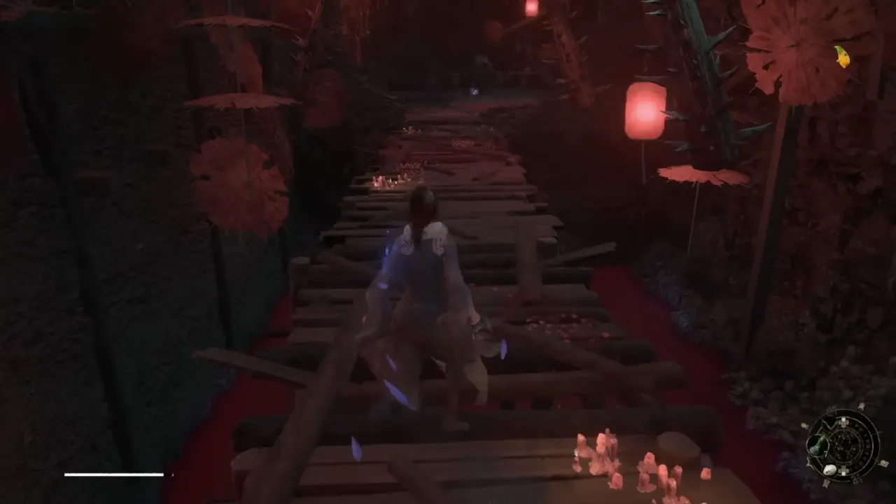 Crossing wooden bridge with swinging spiked pillars - Free Honglan Quest Wuchang Fallen Feathers