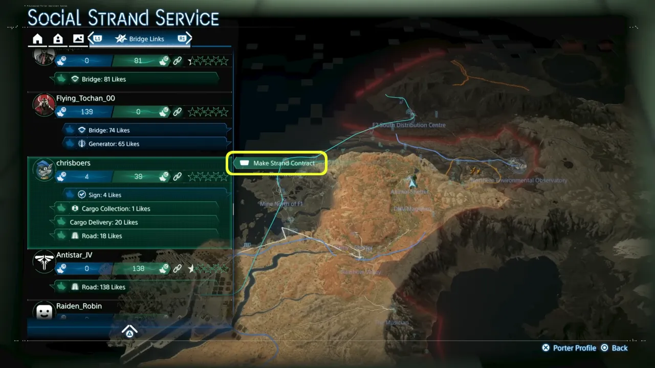 Bridge Links tab in Social Strand Service menu to make friends connections in Death Stranding 2