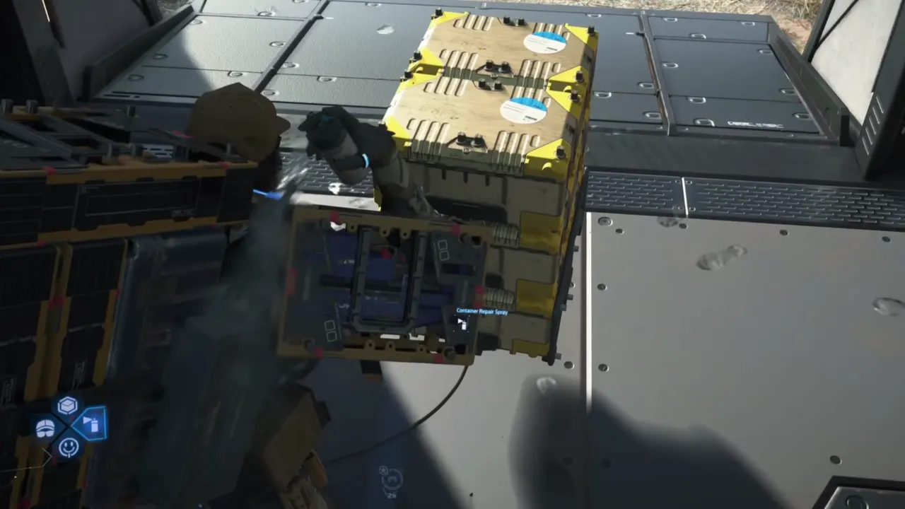 Using Container Repair Spray to repair cargo in Death Stranding 2