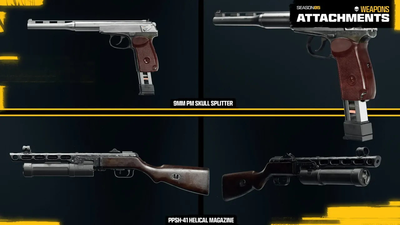 New Weapons Attachments (9mm PM Skull Splitter and PPSh-41 Helical Magazine) in Season 5 of Black Ops 6 and Warzone