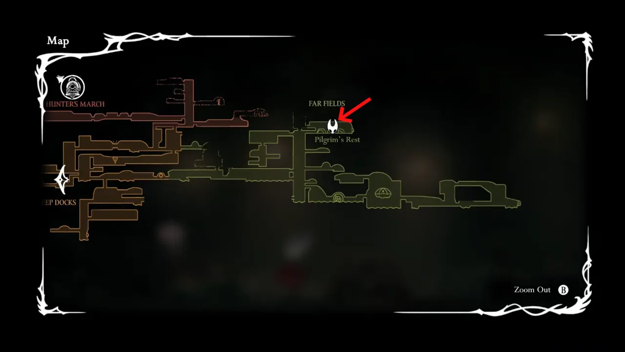 Far Fields Memory Locket merchant shop location marked on map in Hollow Knight Silksong
