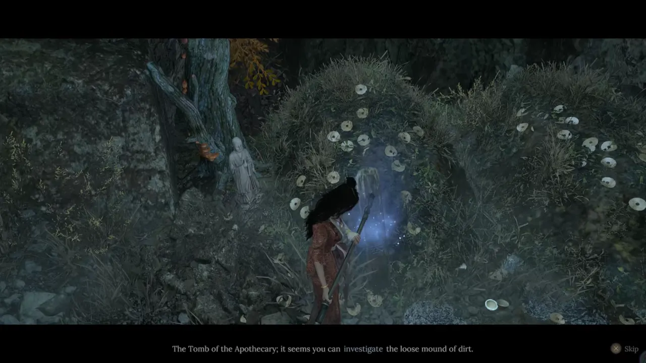 Standing near a faintly glowing blue gravestone in Wuchang Fallen Feathers