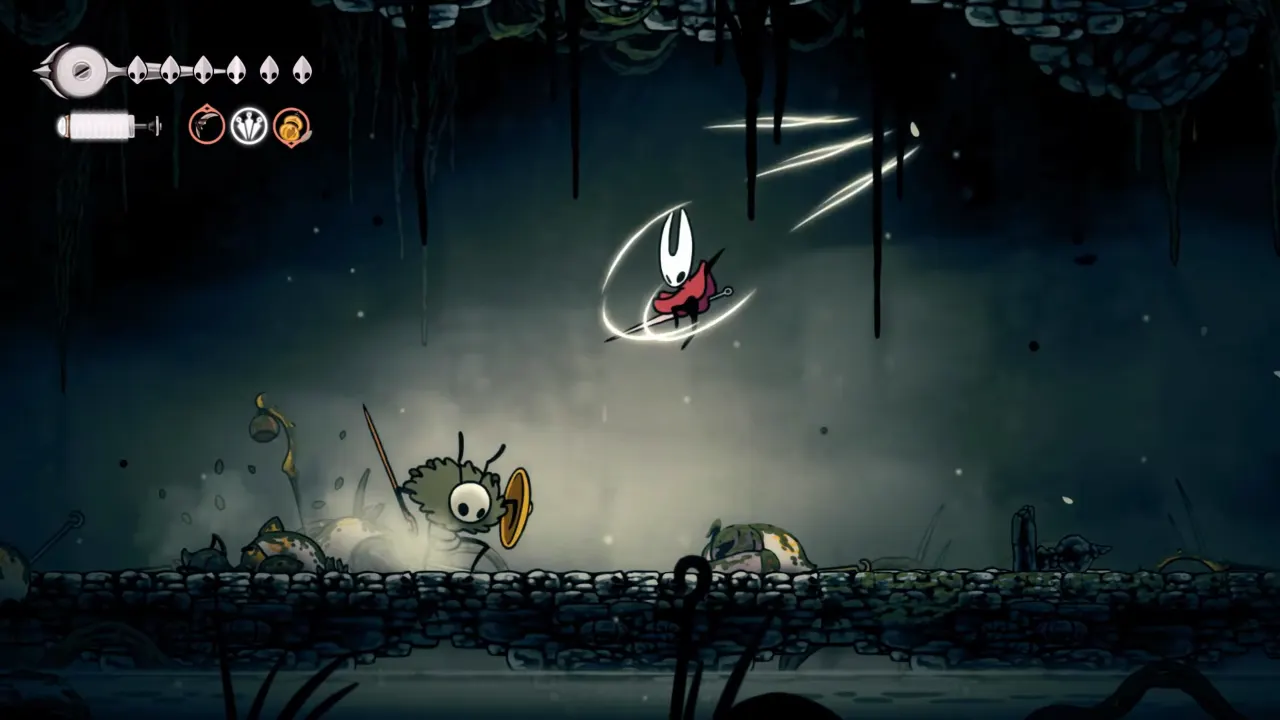 Image showing Hornet in the air delivering her attck on Seth who is on the ground in Hollow Knight Silksong