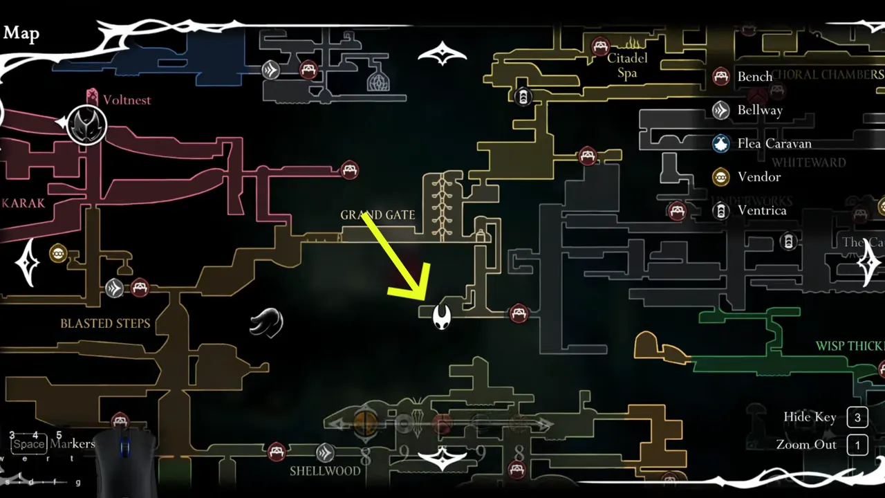 The first Seth location marked on the map to  find and defeat him in Silksong.