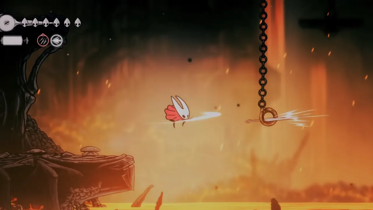 Image showing the use of Clawline latching onto hook in Silksong