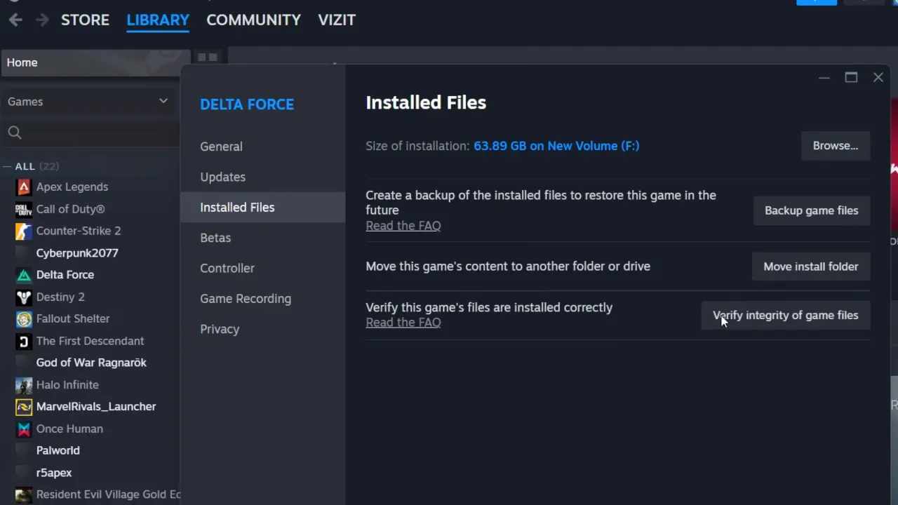 Marvel Rivals version mismatch - Verify integrity of game files screen on Steam client