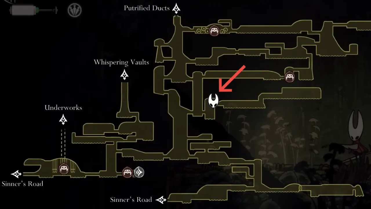 Hollow Knight Silksong map with Quick Sling location pointed with red arrow.